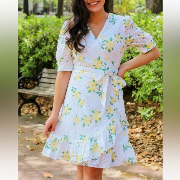 Draper James Dresses & Skirts - Draper James Reba Wrap Dress Sz 10 White Eyelet with Yellow Floral Garden Party